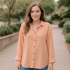 Roxy Women's Morning Time Gauze Linen Pink Button-Up Shirt Sz Large